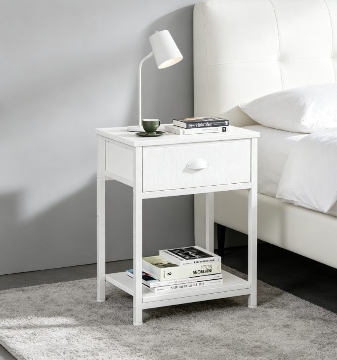 White Bedside Table with Fabric Drawer, 2-Tier Shelf, Tall 23.6 Inch for Small Spaces