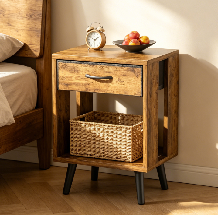 Set of 2 Rustic Bedside Tables with Fabric Drawers and Open Shelves