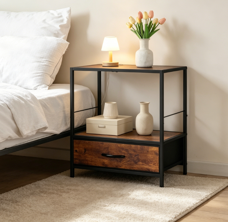 3-Tier Farmhouse Bedside Table with Drawers and Shelf, Rustic Brown